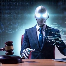 Robot trademark lawyer in suit at a desk with a gavel