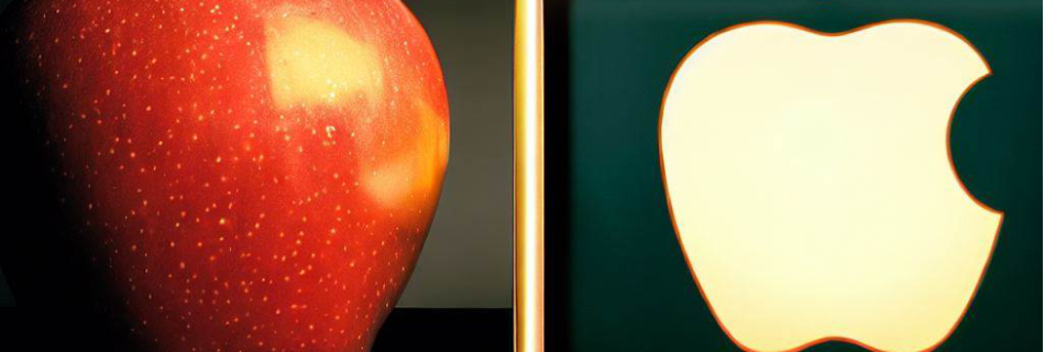 A real apple next to the Apple logo on a computer
