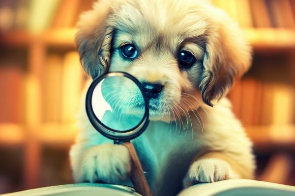 Photo of a puppy with a magnifying glass
