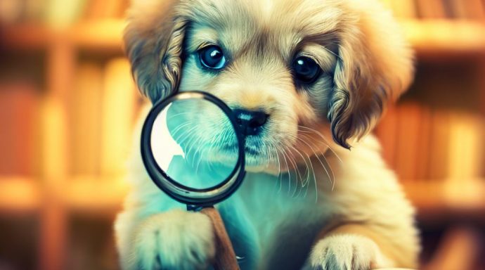 Photo of a puppy with a magnifying glass