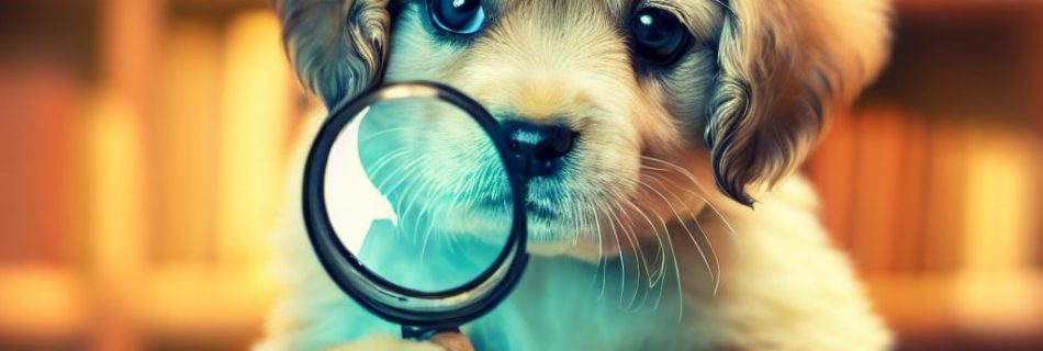 Photo of a puppy with a magnifying glass