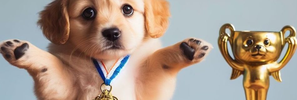 Puppy with a participation trophy